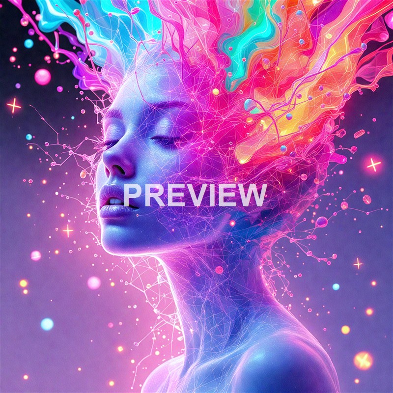 A digital artwork depicting a woman with her eyes closed, her face and upper body rendered in a glowing, wireframe style, with colorful, abstract, and luminous tendrils and particles emanating from her head, creating a vibrant and surreal visual.